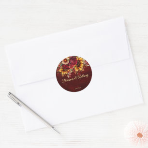 Fall wedding burgundy roses sunflowers classic round sticker