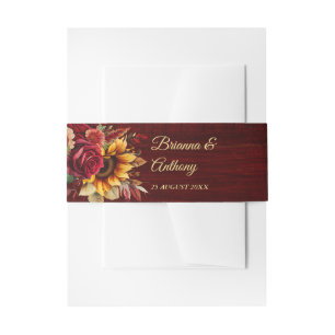 Fall wedding burgundy roses sunflowers invitation belly band
