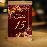 Fall wedding burgundy roses sunflowers table number<br><div class="desc">Fall wedding Burgundy roses yellow sunflowers greenery burgundy background gold frame floral wedding table number card</div>