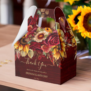 Fall wedding burgundy roses sunflowers thank you favour box