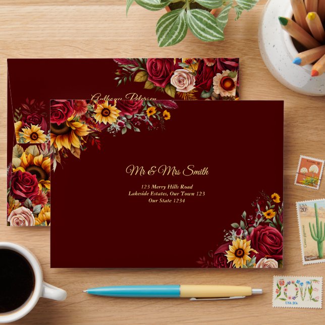 Fall wedding burgundy roses yellow sunflowers envelope (Desk)