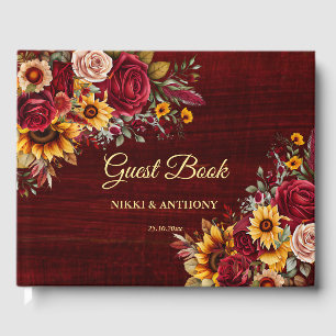 Fall wedding burgundy roses yellow sunflowers guest book