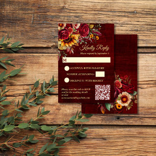 Fall wedding burgundy roses yellow sunflowers RSVP card