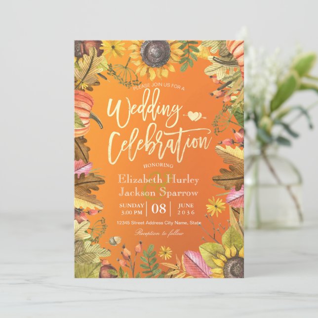 Fall Wedding Celebration Autumn Maple Leaf Pumpkin Invitation (Standing Front)