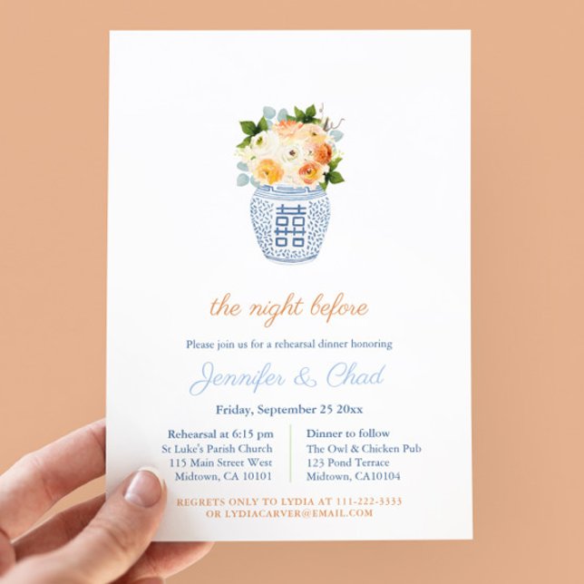 Fall Wedding Chinoiserie Rehearsal Dinner Invitation (Fall Flowers In Chinoiserie Vase Wedding Rehearsal And Dinner Invitation In Navy Blue & Burnt Orange)
