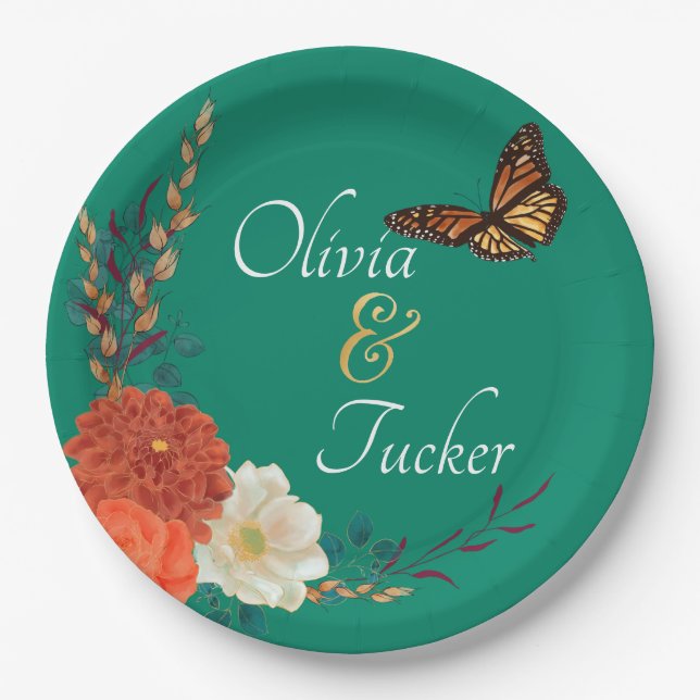 Fall Wedding Floral Butterfly Custom Paper Plate (Front)