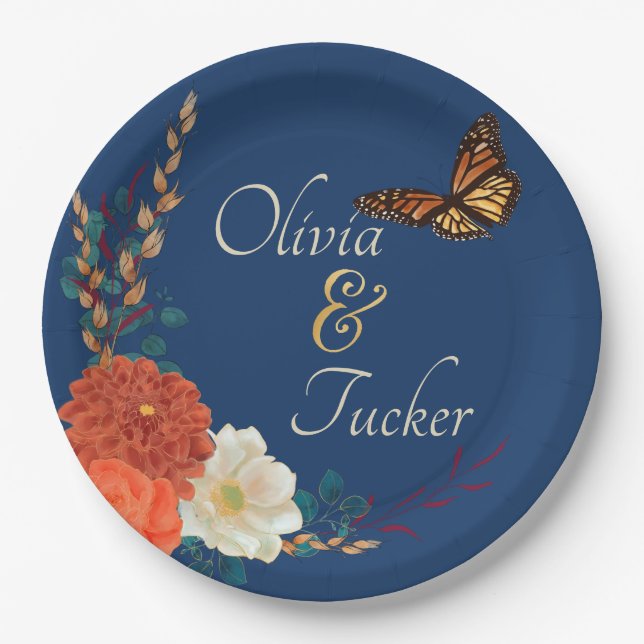 Fall Wedding Floral Butterfly Custom Paper Plate (Front)