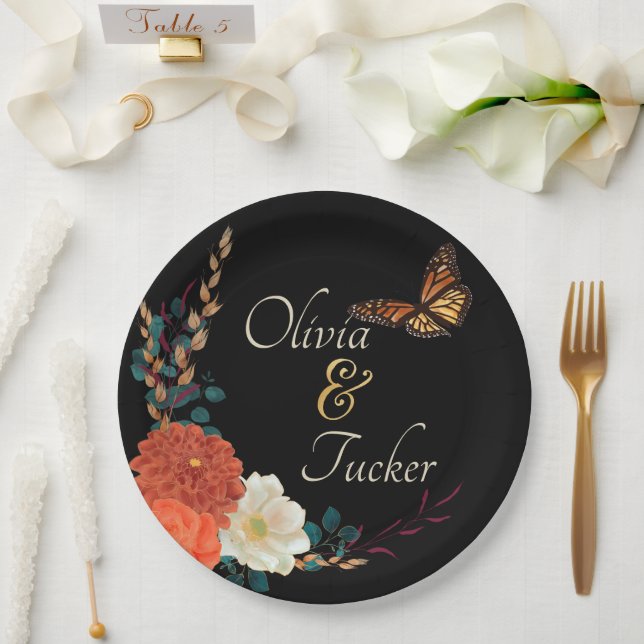 Fall Wedding Floral Butterfly Custom Paper Plate (Wedding)