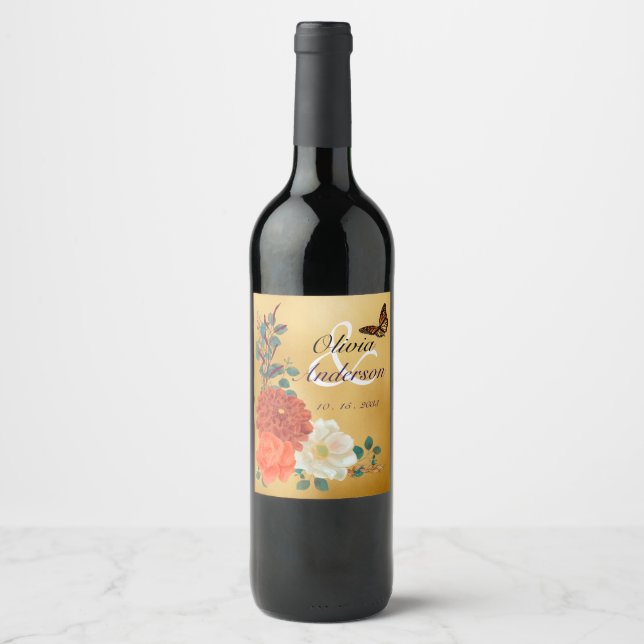Fall Wedding Floral Monarch Butterfly  Wine Label (Front)
