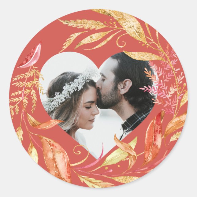 Fall Wedding Foliage Heart Photo Antique White Cla Classic Round Sticker (Front)