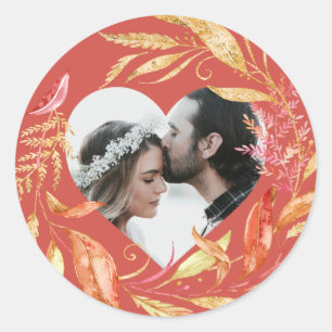 Fall Wedding Foliage Heart Photo Antique White Cla Classic Round Sticker
