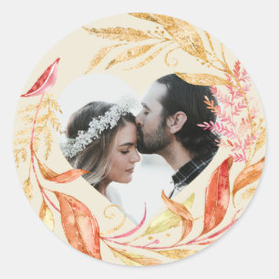 Fall Wedding Foliage Heart Photo Antique White Classic Round Sticker