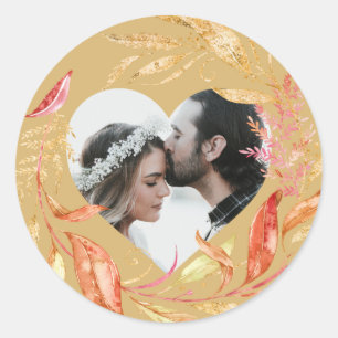 Fall Wedding Foliage Heart Photo Gold Yellow  Classic Round Sticker