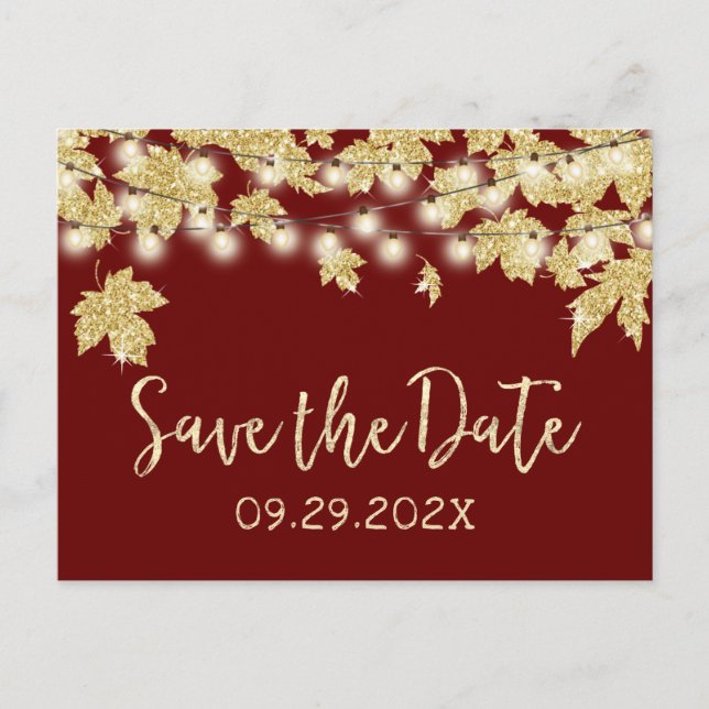 Fall Wedding Gold Leaves Burgundy Save the Date Announcement Postcard (Front)