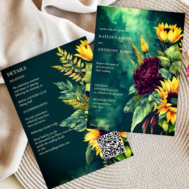 Fall wedding green rustic sunflowers all in one invitation (Fall wedding emerald green rustic yellow burgundy sunflowers all in one invitation template digital)