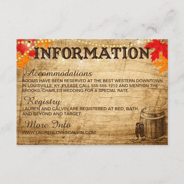 Fall Wedding Information card for Rustic Wedding (Front)