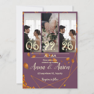 Fall Wedding Invitation with Photos Plum, Copper