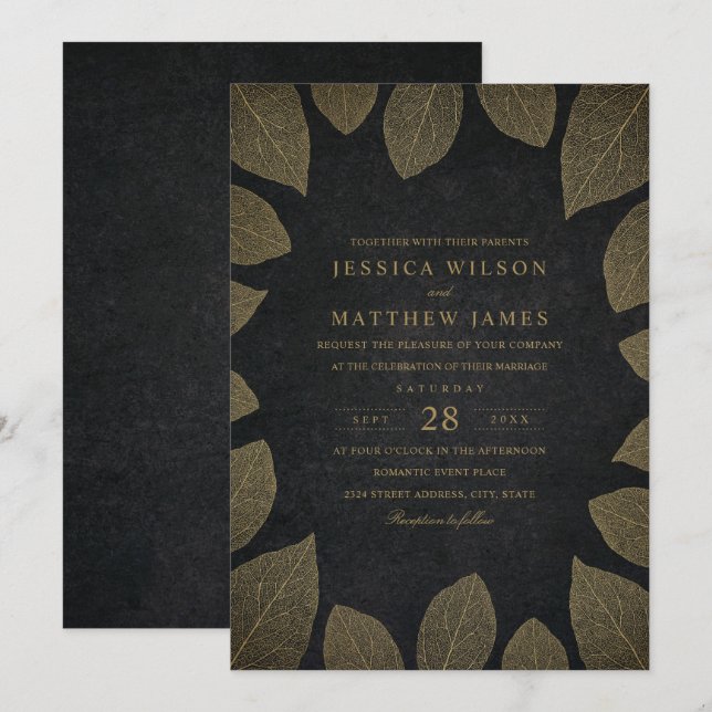 Fall Wedding Invitations Elegant Gold Look Leaves (Front/Back)