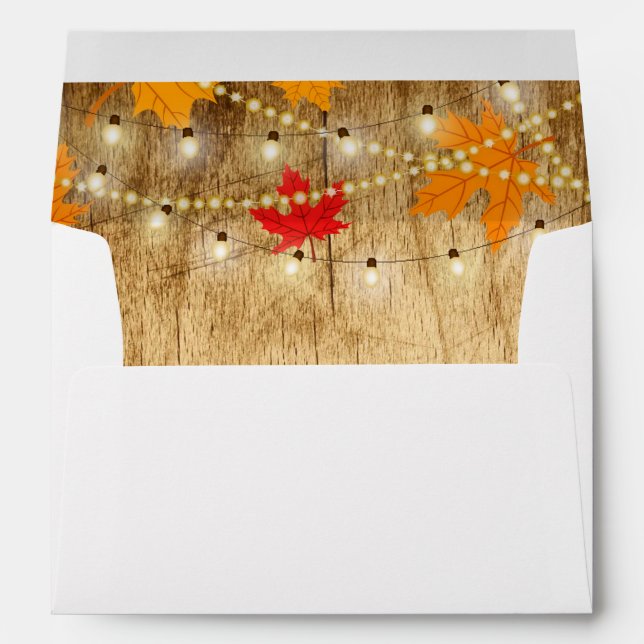 Fall wedding invite envelope wood, lights, leaves (Back (Bottom))