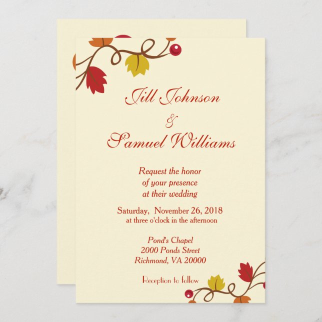 Fall Wedding Leaf and Berry Vine Invitation (Front/Back)