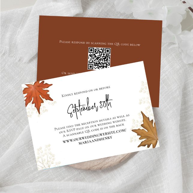 Fall Wedding Leaves Elegant RSVP QR Code Card (Elegant Fall Leaves Watercolor enclosure card.)