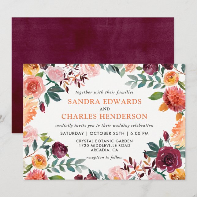 Fall Wedding Marsala Pink Orange Botanical Invitation (Front/Back)