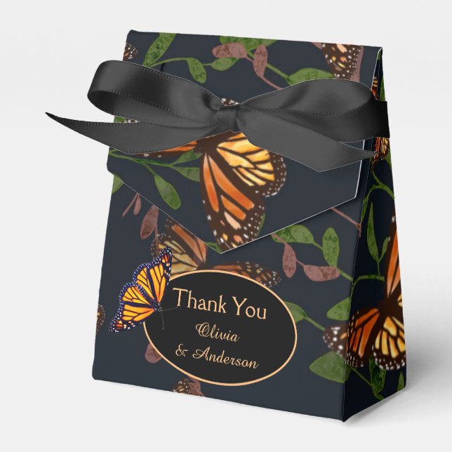 Fall Wedding Monarch Butterfly Black Favour Boxes (Front Side)