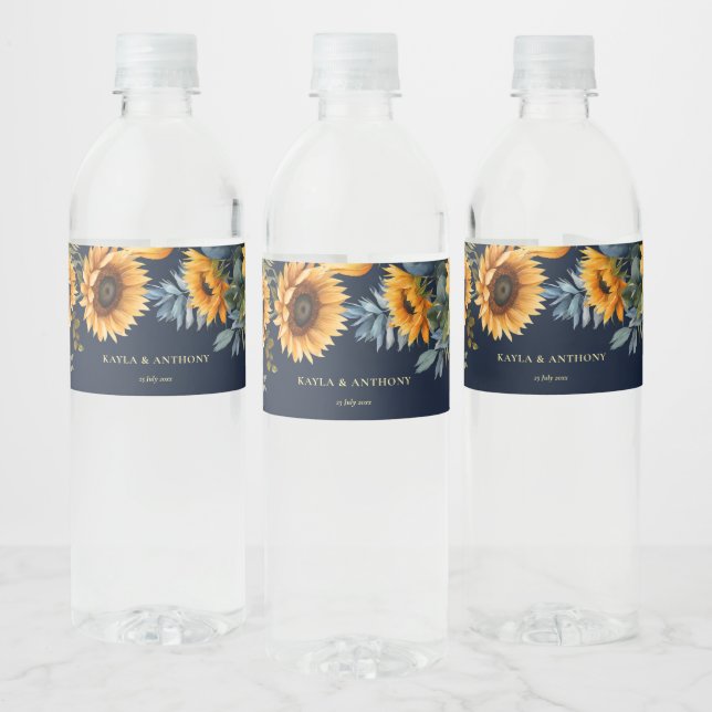Fall wedding navy blue rustic sunflower printed water bottle label (Bottles)