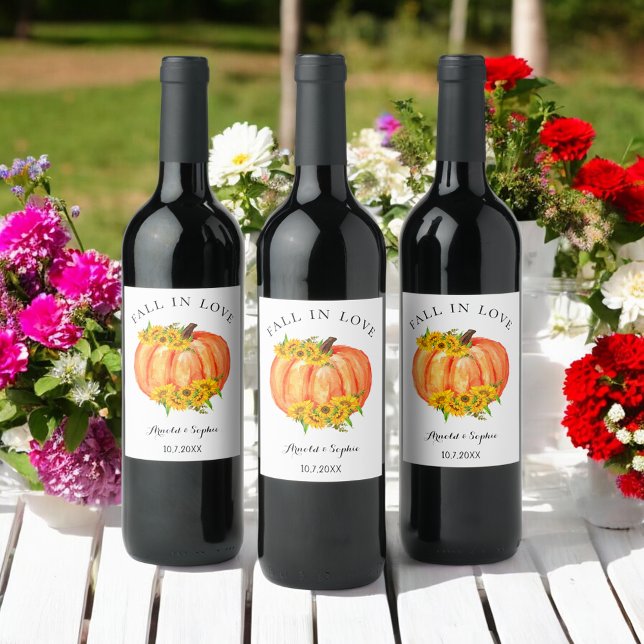 Fall Wedding Orange Pumpkin Floral  Wine Label (Creator Uploaded)