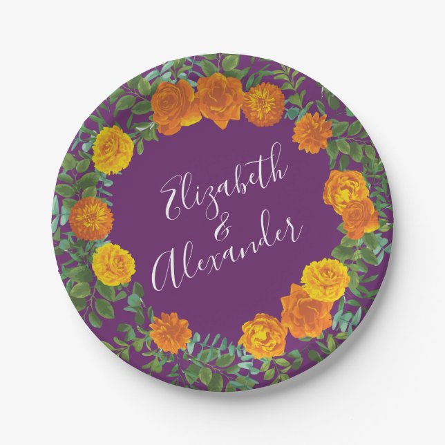 Fall Wedding Orange Rose Purple Paper Plate (Front)
