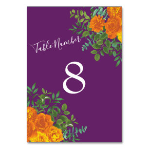 Fall Wedding Orange Rose Purple Table Number