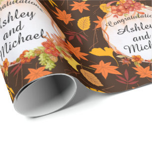 Fall Wedding Personalise Names Autumn Leaves Wrapping Paper