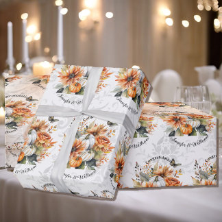 Fall Wedding Personalise Names Pumpkin Mums Roll Wrapping Paper