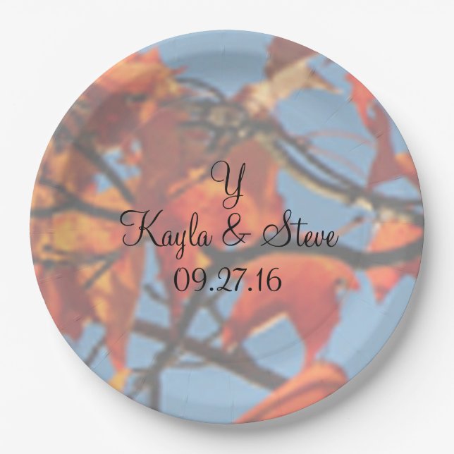 Fall Wedding Photo Background Names Date Monogram Paper Plate (Front)