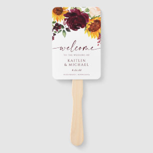Fall Wedding Program Sunflowers Burgundy Roses Han Hand Fan