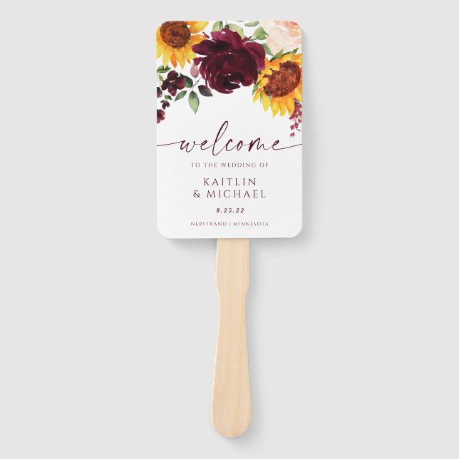 Fall Wedding Program Sunflowers Burgundy Roses Han Hand Fan (Front)