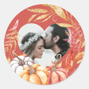 Fall Wedding Pumpkin Heart Shape Photo Warm Red Classic Round Sticker