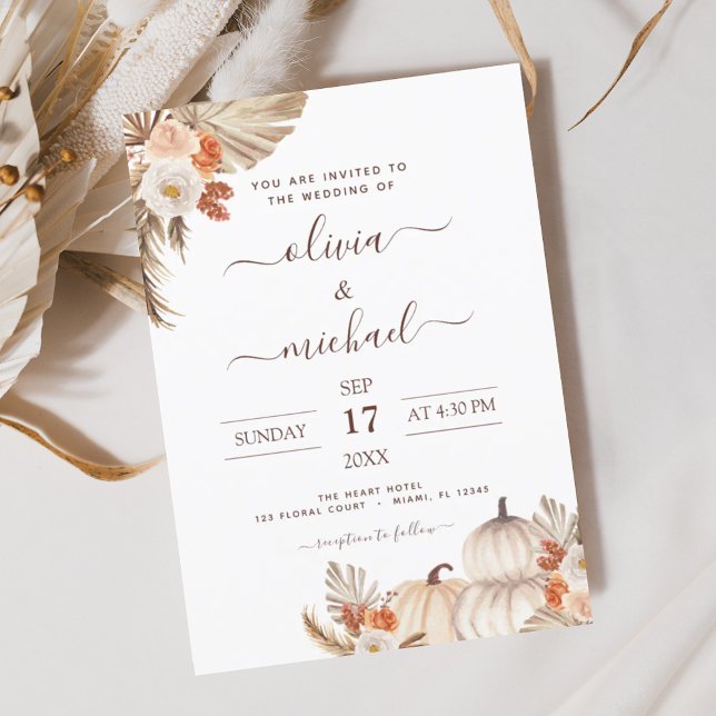 Fall Wedding Pumpkins Pampas Grass Terracotta Invitation (Creator Uploaded)