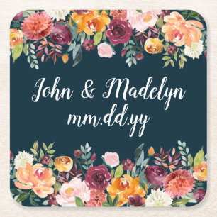 Fall Wedding Reception Personalised Elegant Floral Square Paper Coaster