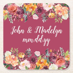 Fall Wedding Reception Personalised Elegant Floral Square Paper Coaster