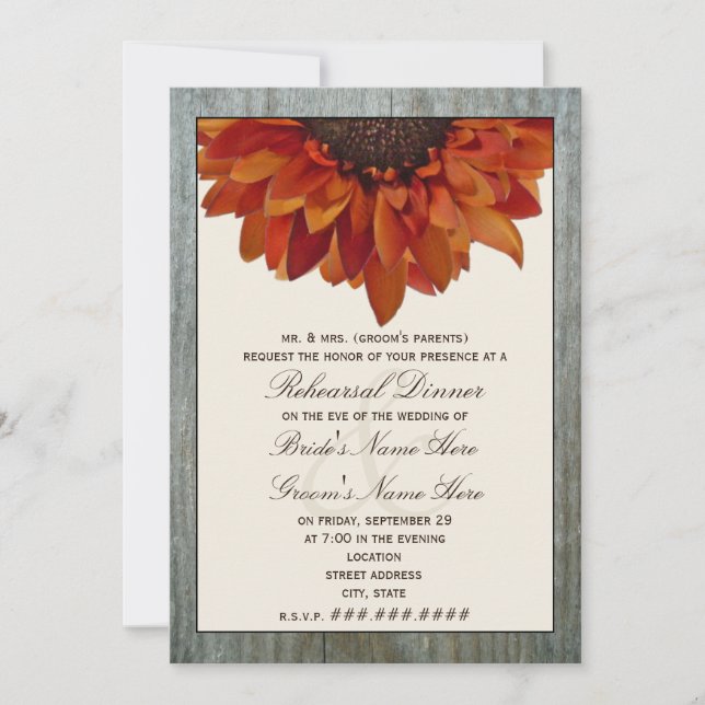 Fall Wedding Rehearsal Dinner - Sunflower & Wood Invitation (Front)