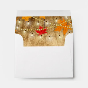 Fall wedding RSVP envelope wood, lights, leaves
