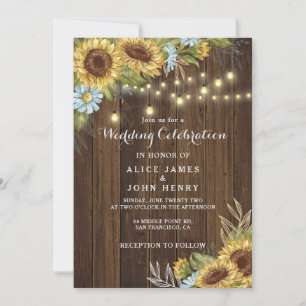 Fall Wedding Rustic wood string lights sunflower  Invitation