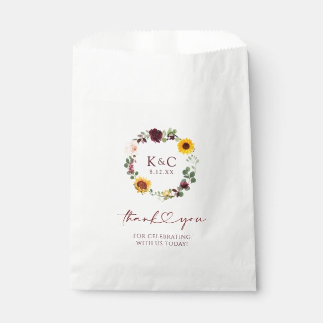 Fall Wedding Sunflower and Burgundy Roses Favour Bags (Front)