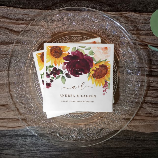 Fall Wedding Sunflower Roses Burgundy Wine Napkin (Fall wedding napkins with watercolor florals and personalized names in rustic autumn colors.)