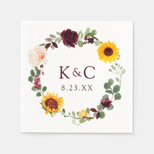 Fall Wedding Sunflower Wreath Roses Burgundy Red Napkin