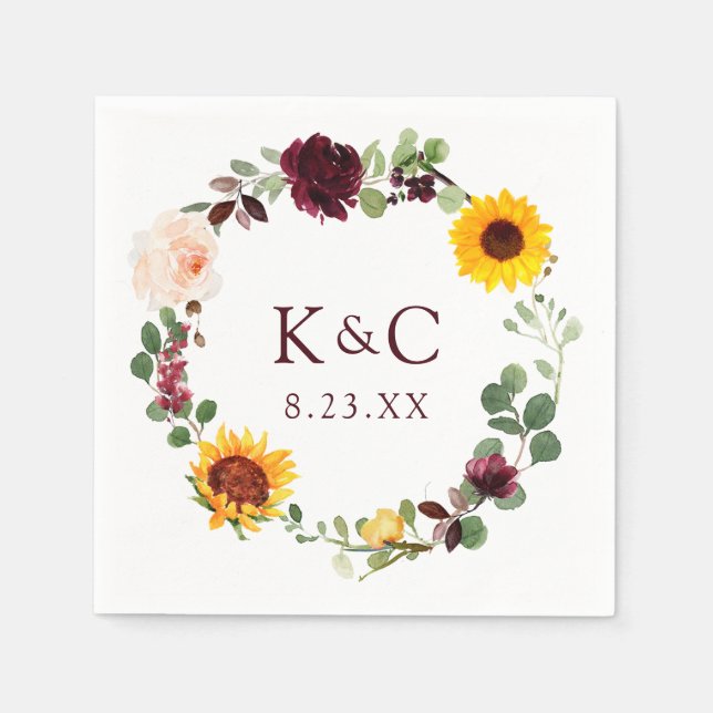 Fall Wedding Sunflower Wreath Roses Burgundy Red Napkin (Front)