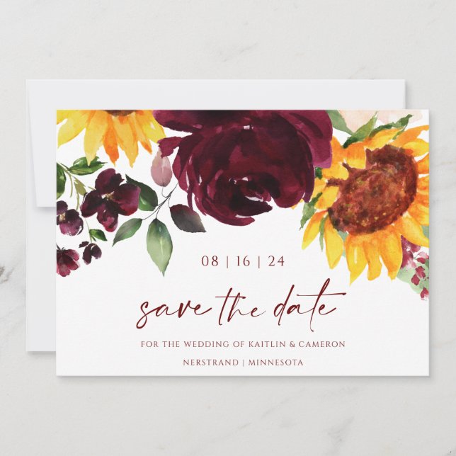 Fall Wedding Sunflowers Burgundy Red Floral Save The Date (Front)