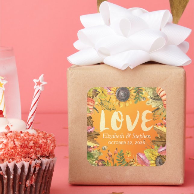 Fall Wedding Thank You Autumn Maple Leaves Pumpkin Square Sticker (Party)