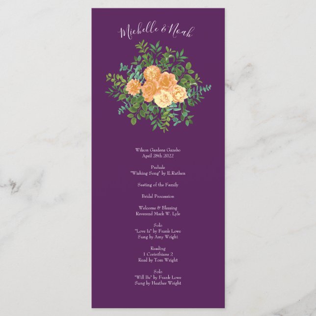 Fall Wedding Vintage Peach Rose on Purple Menu (Front)